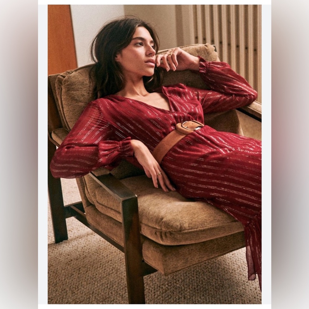 Sézane Silk Titiane Red Metallic Striped V-Neck Midi Dress